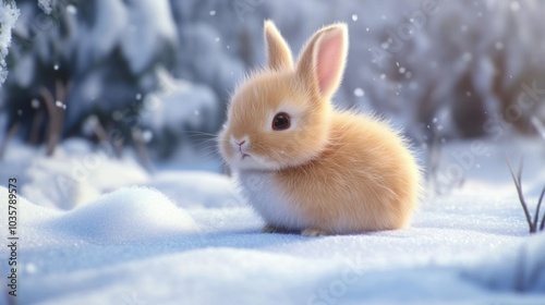 A fluffy bunny rabbit sits in the snow, its soft fur standing out against the wintry white backdrop