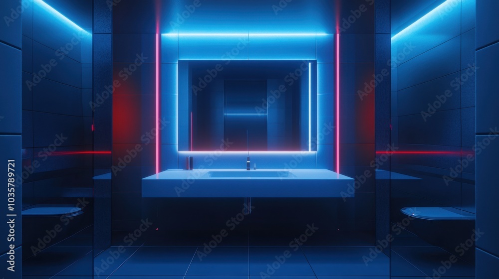 A futuristic smart bathroom mirror, glowing with integrated LED lighting on a clean, solid backdrop