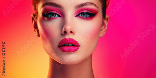 Vibrant makeup and expressive eyes amidst bright neon background