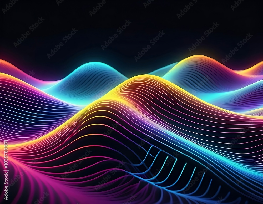 Exuberant flowing fluid purple and blue lines waves the dark horizontal background.