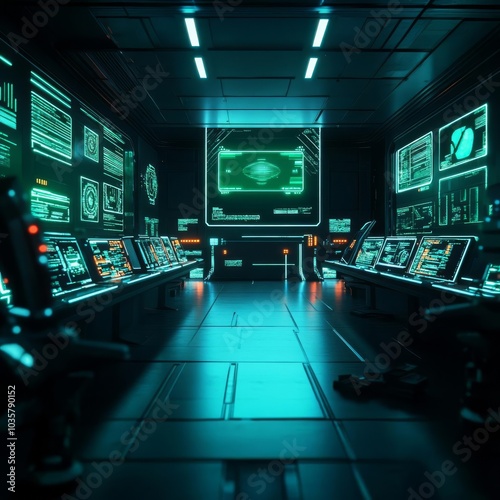 Alien control room, flickering holograms, broken tech, quiet ruin