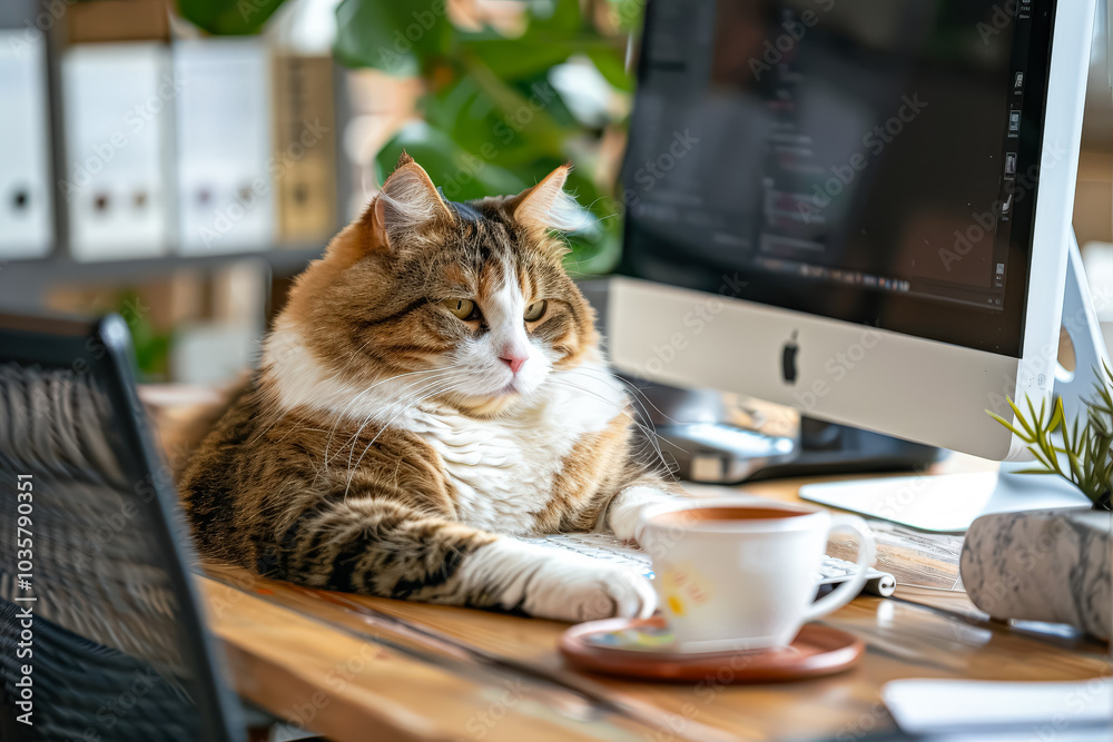 Cat is sitting on a desk next to a computer monitor and a cup of coffee Cat is sitting on a desk next to a computer monitor and a cup of coffee