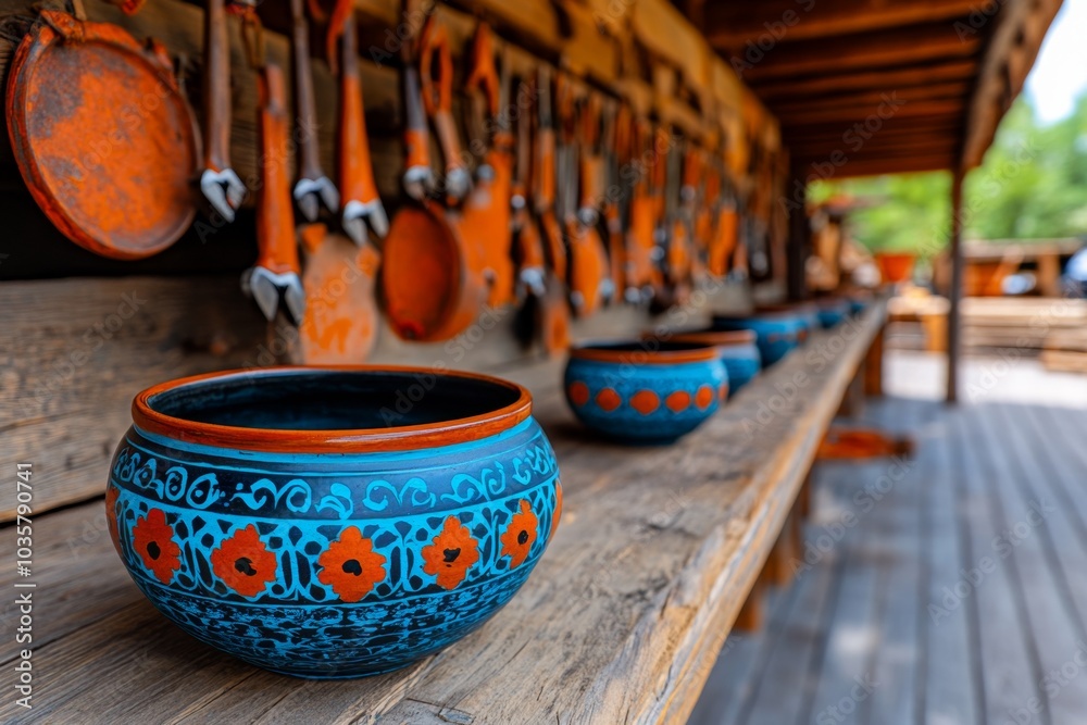 Fototapeta premium An artisan's workshop with rust-colored tools hanging neatly on the wall