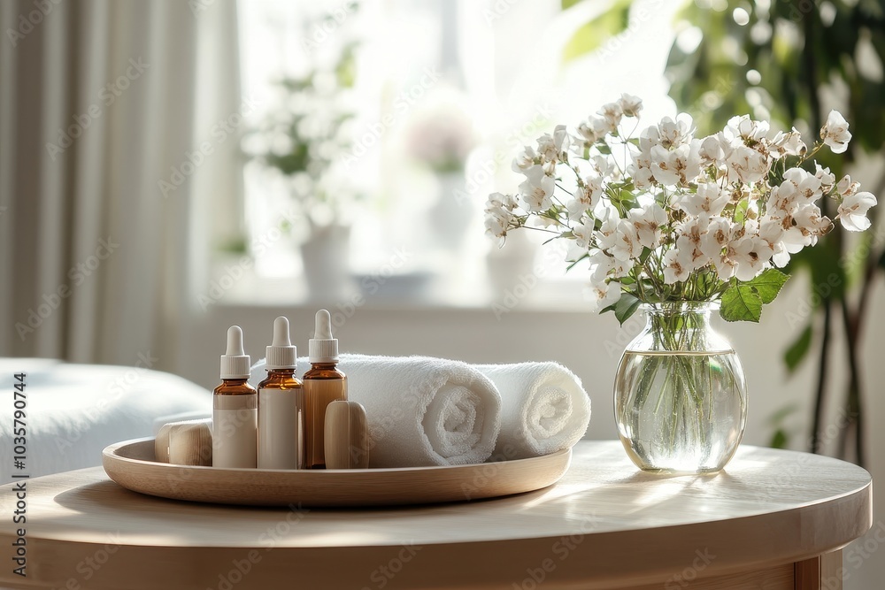 A luxurious spa room, with a plush massage table, fluffy towels, and a variety of essential oils, inviting relaxation and rejuvenation.