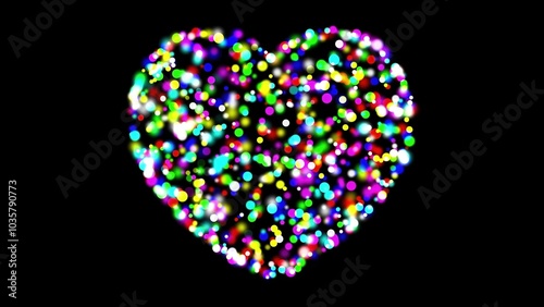 Beautiful illustration of Heart shape with colorful bokeh lights on plain black background