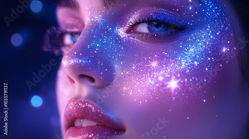 woman cosmic galaxy makeup, stars and moon, Halloween, esotericism astrology tarot divination. Banner copy space