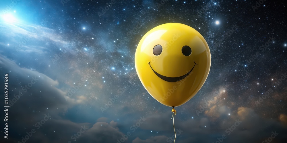 Fototapeta premium Yellow smiley face balloon floating above the earth's atmosphere, joyful, happiness, cheerful, balloon, happiness, floating