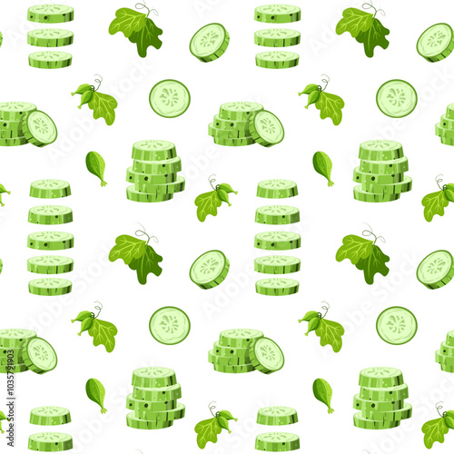 Seamless pattern of fresh cucumber, different shapes, slice, whole, half, leaf, embryo, flower. Healthy food for fabric design, packaging, stationery.