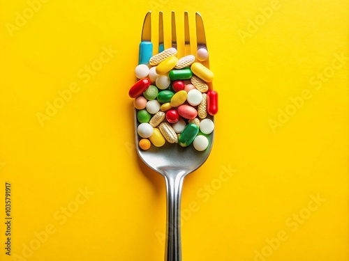 Pills on a Fork: Medications and Weight Loss Supplements on a Yellow Background photo