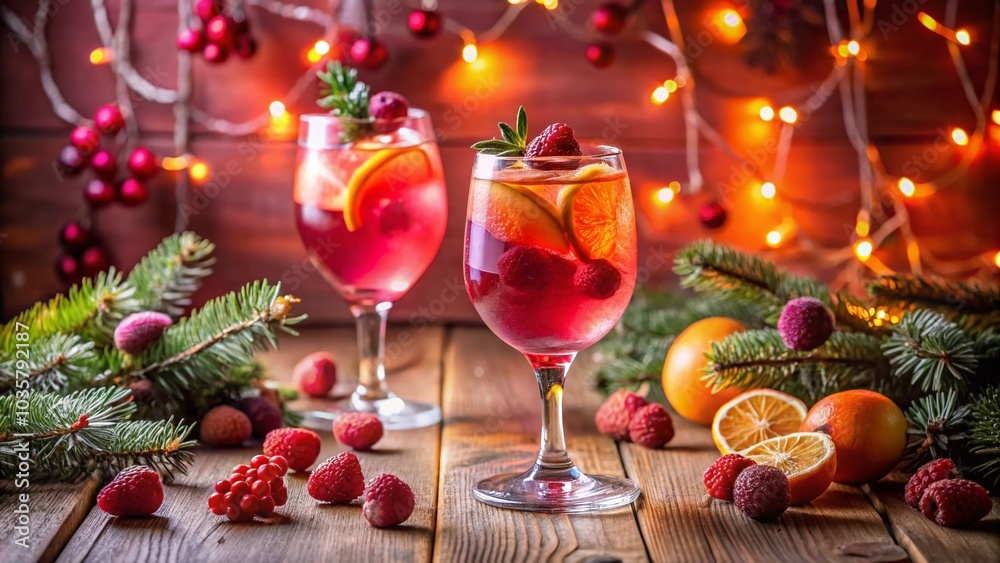 Pink Christmas Cocktail with Raspberry and Orange Slices on a Festive Plank Table Pink Christmas Cocktail with Raspberry and Orange Slices on a Festive Plank Table
