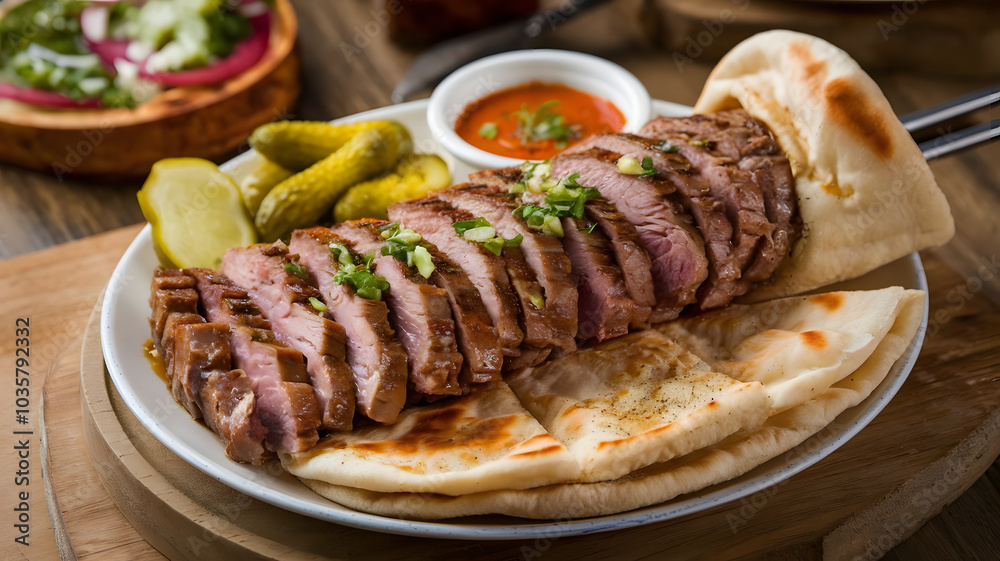 Iraqi Shawarma: Thin, marinated meat roasted on a spit, served with flatbread, garlic sauce, and pickles. Juicy and tender meat wrapped in pita for a perfect handheld meal.






