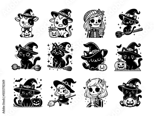 Halloween-themed vector set featuring cute animals and characters. Includes cats, cows, and children dressed as witches, skeletons, and pumpkins, each wearing festive hats.