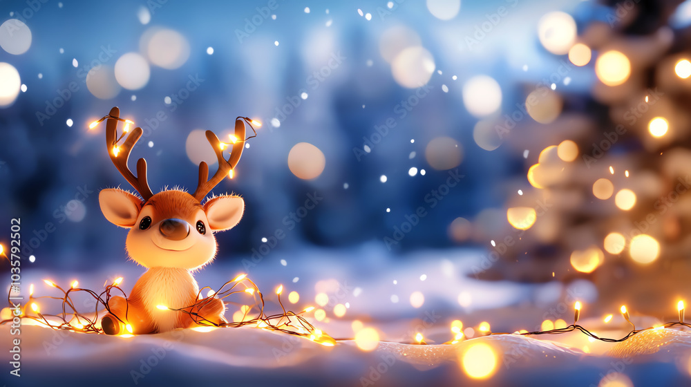Miniature reindeer with Christmas lights tangled in its antlers, cute holiday scene, 3D illustration Miniature reindeer with Christmas lights tangled in its antlers, cute holiday scene, 3D illustration