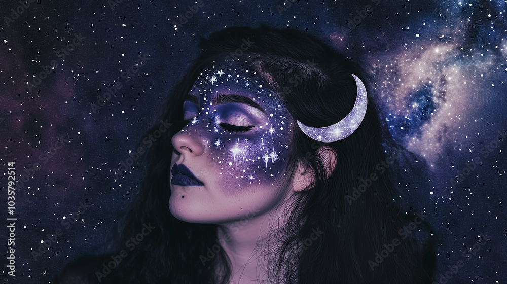 woman cosmic galaxy makeup, stars and moon, Halloween, esotericism astrology tarot divination. Banner copy space woman cosmic galaxy makeup, stars and moon, Halloween, esotericism astrology tarot divination. Banner copy space