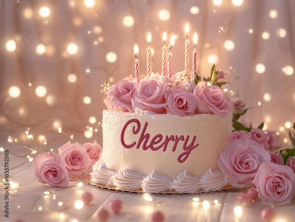 beautiful birthday cake adorned with pink roses and lit candles, creating festive and elegant atmosphere. cake features name Cherry in decorative text beautiful birthday cake adorned with pink roses and lit candles, creating festive and elegant atmosphere. cake features name Cherry in decorative text