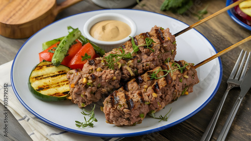 Syrian Kofta: Ground meat with onions, spices, and herbs, shaped into patties or skewers, grilled to perfection. Served with grilled vegetables and a drizzle of tahini sauce for extra flavor.