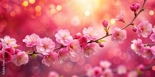 Pink Sakura Flowers on a Red Background with Bokeh Effect for Stunning Spring Imagery