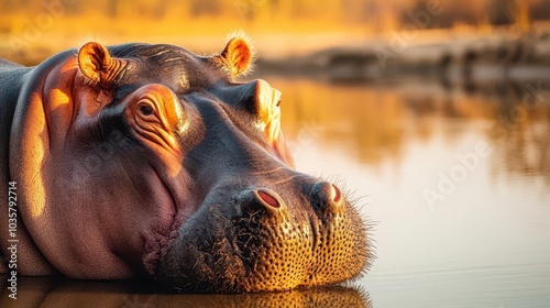 A close-up of a hippo's face, its rough skin highlighted by warm sunlight The hippo is resting near a river, with reflections of the water adding depth and texture to the scene