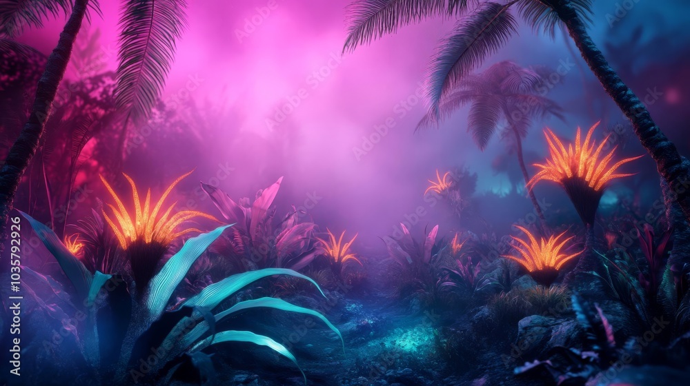 Alien jungle ruins, mutated plants, glowing creatures, surreal glow Alien jungle ruins, mutated plants, glowing creatures, surreal glow