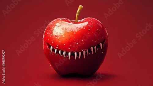 Menacing Red Apple with Fangs Embedded in Its Sides,Minimalistic Anime Flat Design