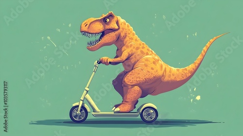 Tyrannosaurus Riding Electric Scooter in Vibrant Anime-Inspired photo