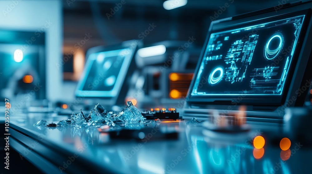 Alien lab, shattered equipment, holographic screens, ominous calm Alien lab, shattered equipment, holographic screens, ominous calm