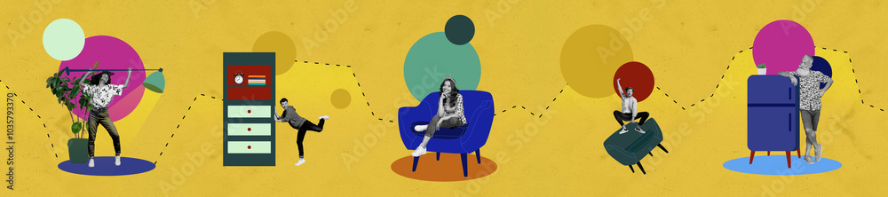 Composite panoramic collage of business girl guy organization office collaboration armchair shelf plant lamp isolated on painted background
