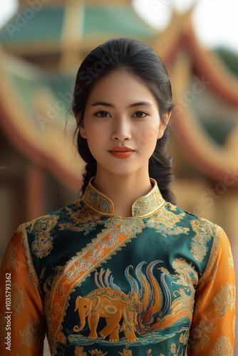 Thai women wear traditional Thai dresses. in tourist attractions