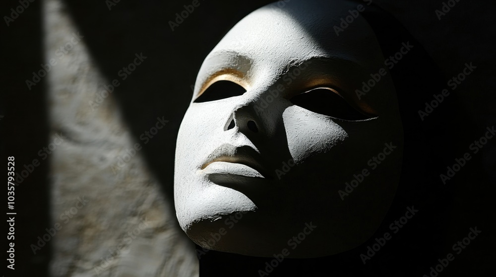 Fototapeta premium A mask covers a white face, casting shadows and adding an element of intrigue and abstraction to the scene