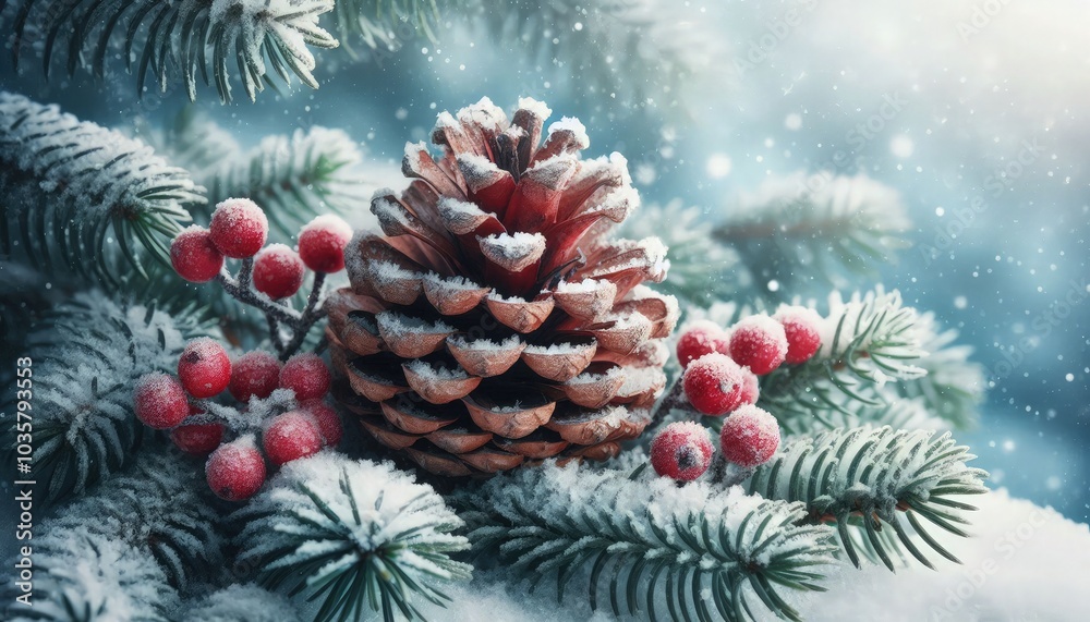Photorealistic close-up of a snow-dusted pinecone, red berries nestled among frosty pine branches, with soft snow falling in the blurred background Photorealistic close-up of a snow-dusted pinecone, red berries nestled among frosty pine branches, with soft snow falling in the blurred background