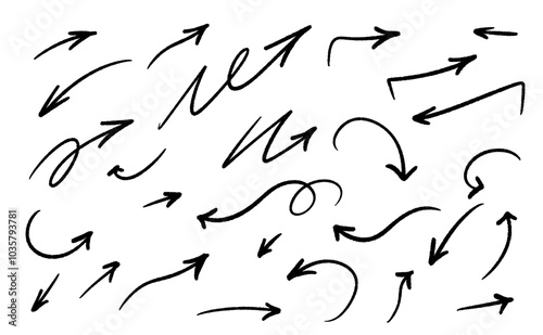 Collection of hand drawn arrows in various styles, perfect for creative projects, presentations, and educational materials.