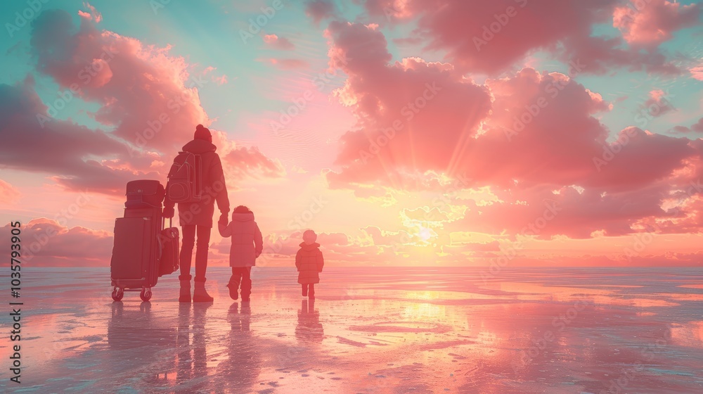 Family Enjoying a Beautiful Sunset on a Beach Vacation, Embracing Happiness and Togetherness in a Scenic Travel Destination