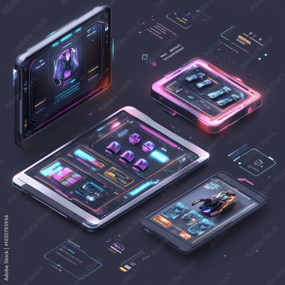 Futuristic sci-fi control panel with digital screens and neon lights in a dark environment Futuristic sci-fi control panel with digital screens and neon lights in a dark environment