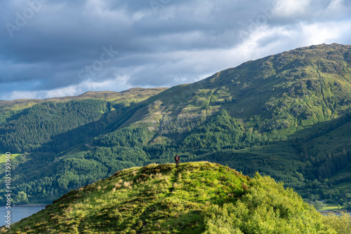 High level panoramic view of mountains along Loch Duich in Northwest Highlands Scotland near Eilean Donan Castle, Dornie, UK with one hiker standing on hill overlooking environement photo