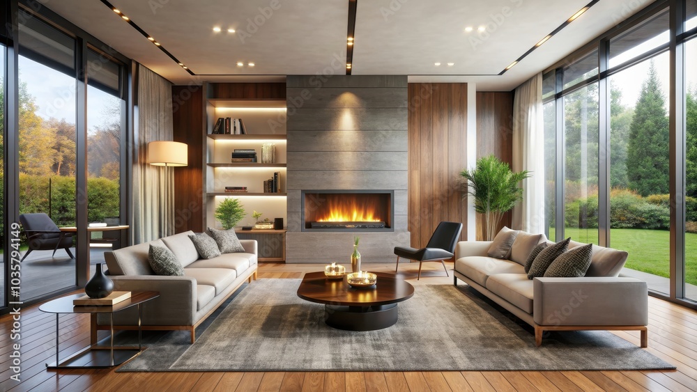 Fototapeta premium Modern living room with sleek fireplace and cozy seating , cozy, modern, living room, interior design, fireplace