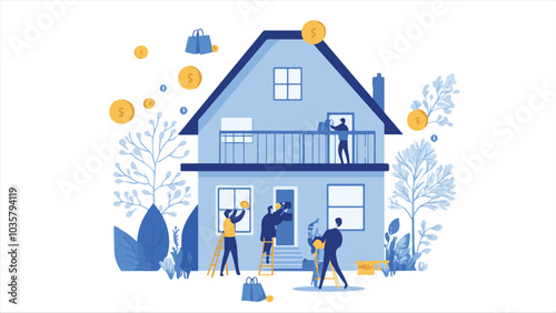 Flat illustration of people working on the exterior of a modern home, with coins and a money bag around it, against a white background.
