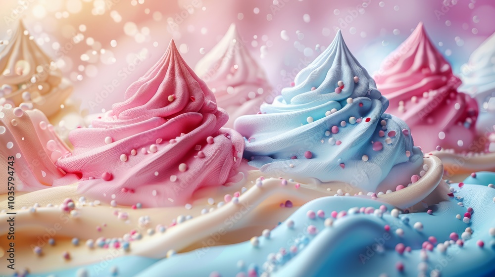 Colorful Whipped Cream Swirls with Sprinkles in a Dreamy Pastel Background