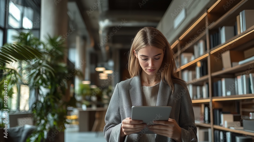 Woman Working on Tablet in Minimalist Space Woman Working on Tablet in Minimalist Space