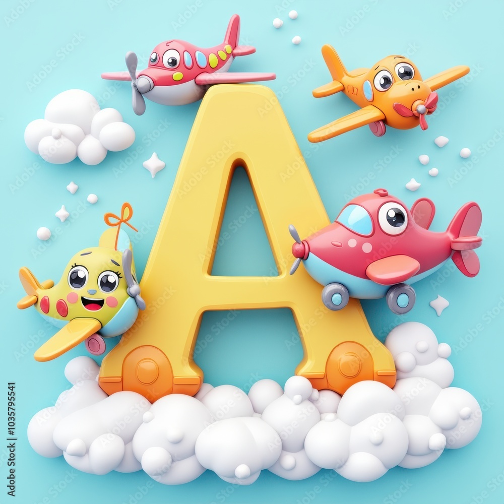 Fototapeta premium A cheerful cartoon boy playing with a toy airplane, capturing the joy of childhood adventures and family fun