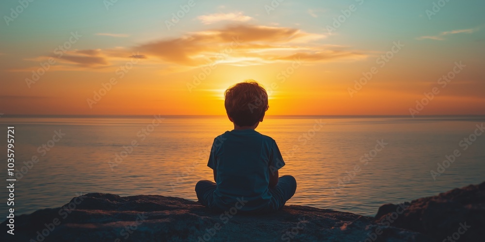 Solitary child meditatively watches the sunset over the sea, symbolizing peace, reflection, and innocence. Solitary child meditatively watches the sunset over the sea, symbolizing peace, reflection, and innocence.