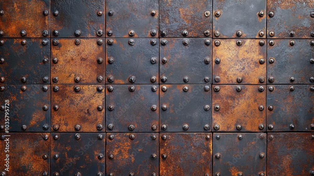 A rugged industrial metal wall with rusted steel plates and large rivets arranged in a grid pattern, weathered by time A rugged industrial metal wall with rusted steel plates and large rivets arranged in a grid pattern, weathered by time
