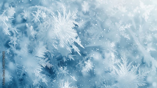 Abstract Winter Ice Patterns with Frosted, Translucent Snowflakes in Pale Blue and White