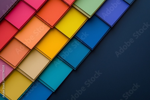 A vibrant rainbow array of stacked color samples contrasts beautifully against a solid black background. photo