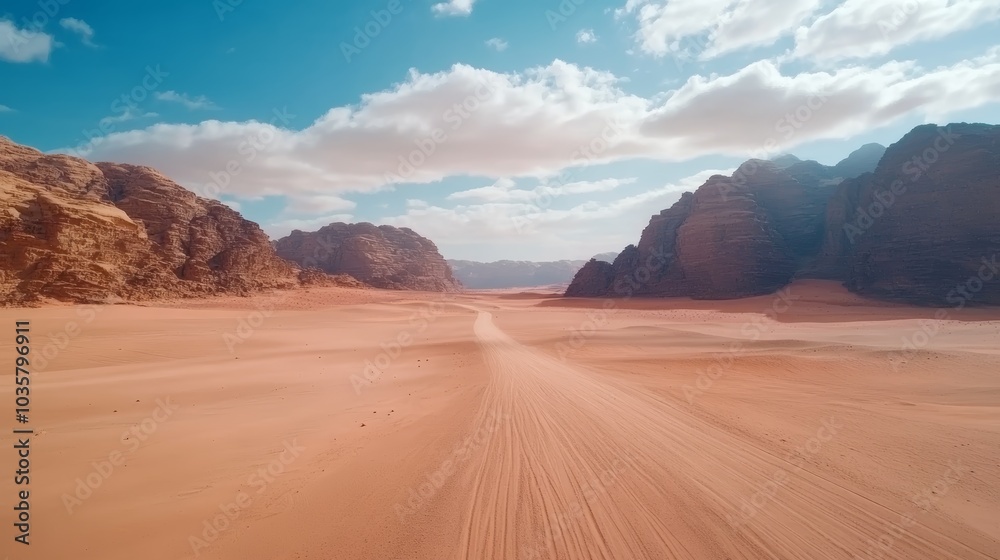 Naklejka premium A serene desert landscape featuring sandy terrain, rocky cliffs, and a clear blue sky with fluffy clouds.