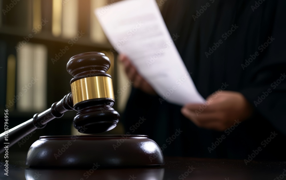 Close-up of a wooden gavel on a judge's desk, judge holding legal papers in the background, emphasizing the concept of law and justice Close-up of a wooden gavel on a judge's desk, judge holding legal papers in the background, emphasizing the concept of law and justice