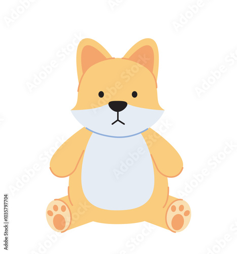 Plush toy concept. Yellow dog. Pretty soft animal for children. Fun and entertainment for kids. Teddy puppy. Social media sticker. Flat vector illustration