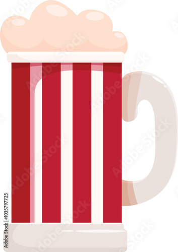 Large red and white beer glass is overflowing with a large head of foam