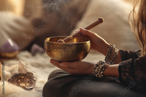 Woman holding tibetan singing bowl during meditation session with crystals photo