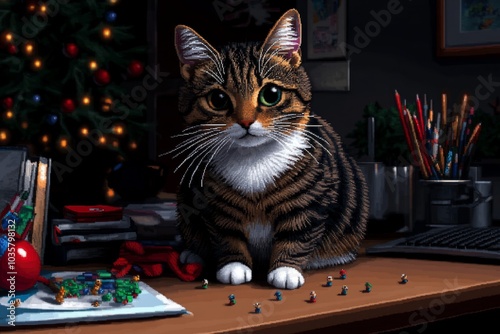 Pixelated cat sitting on a desk, knocking over tiny pixel art objects