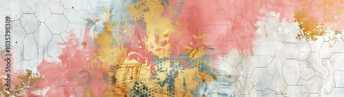 Abstract mixed media with hexagonal patterns and gold accents on pink and white background. Banner or header design 